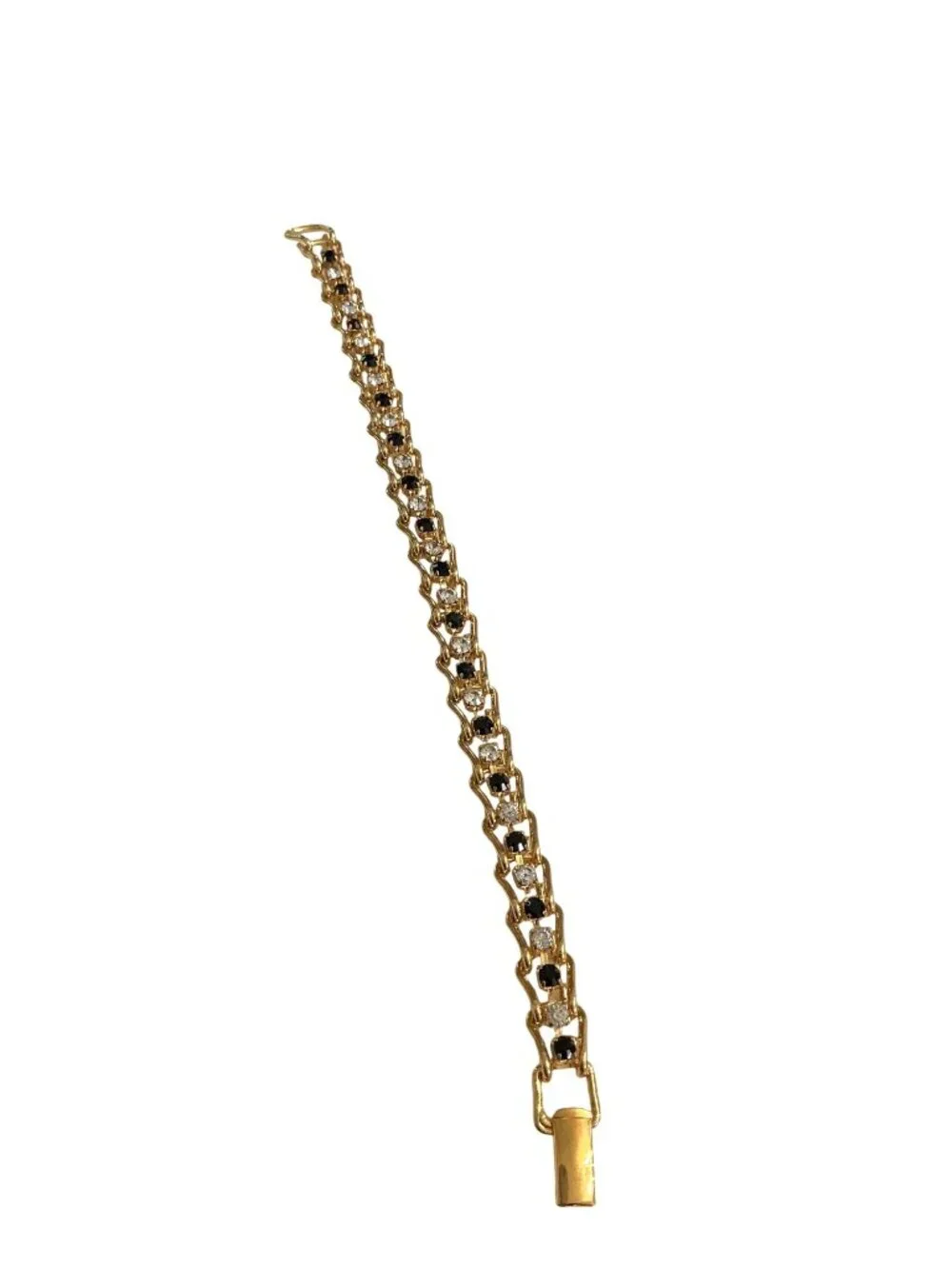 Vintage Gold Tennis Bracelet 7 Inch With Black & Clear Stones Retro Jewelry
